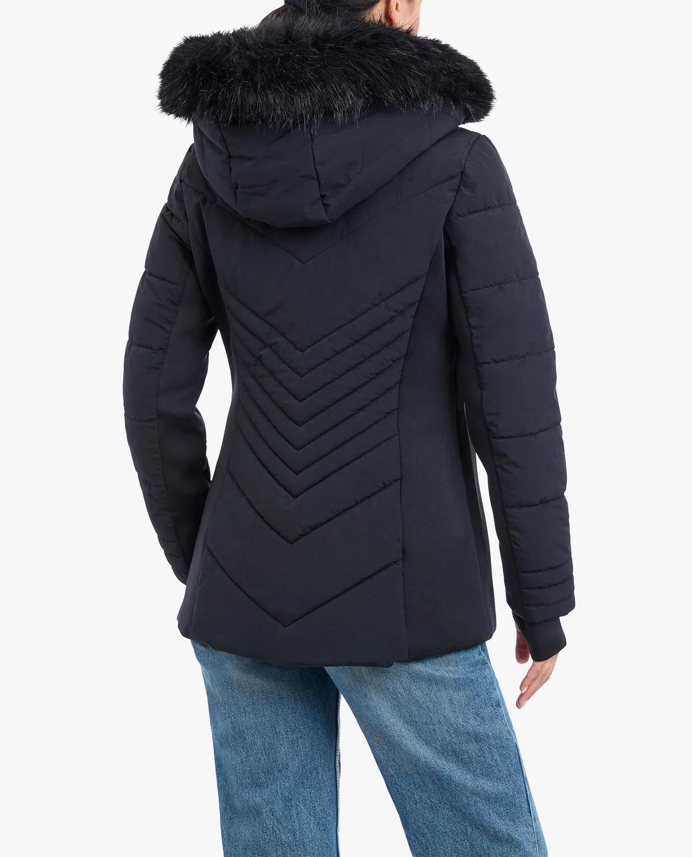 ZIP-FRONT PUFFER JACKET WITH REMOVABLE FAUX FUR TRIMMED HOOD